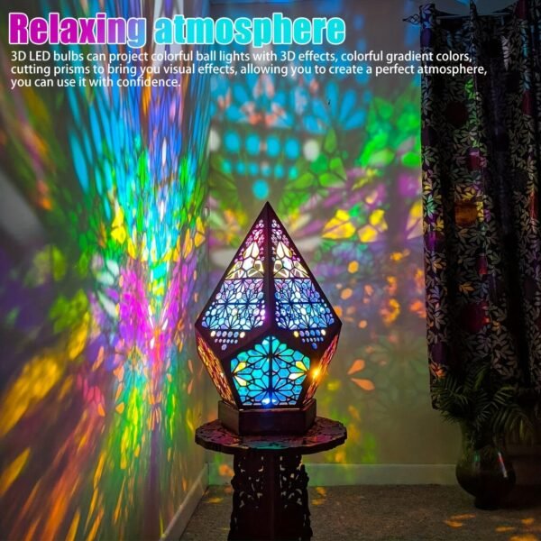 Wooden Bohemian Floor Lamp, USB Charging Hollow Geometric Colorful Lamp Retro Bohemian Light Lamp, LED Colorful Diamond Lights 3D Projection Night Lamp Desk Lamp Home Decor