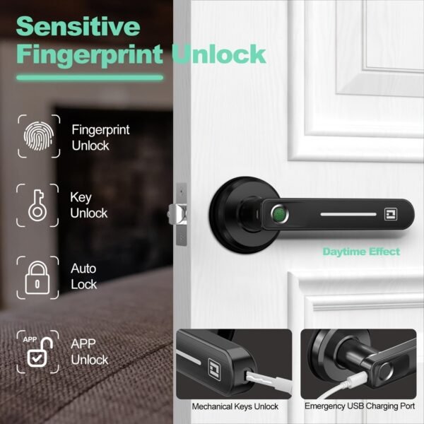 GeekTale Fingerprint Door Lock, Smart Door Lock With App, Smart Door Handle Fingerprint Door Knob Door Levers For Bedroom,
