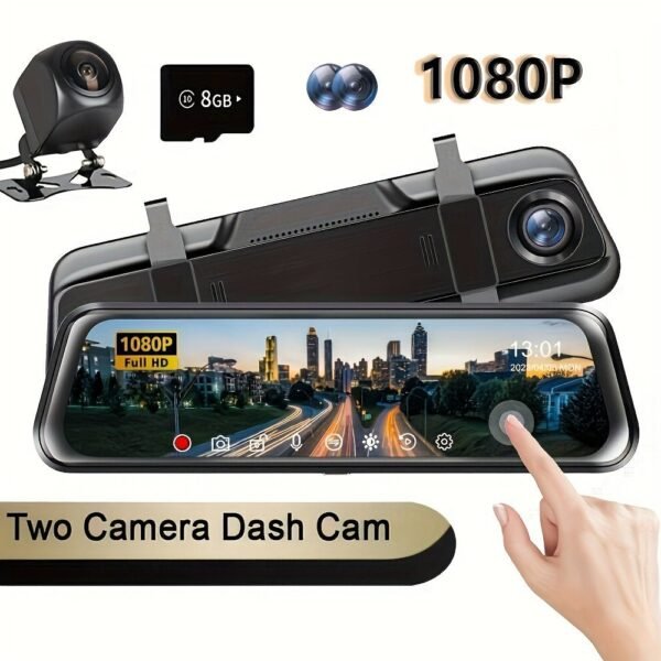 Car Rearview Mirror Camera, 9.66" Dual 1080P IPS Full Touch Screen Waterproof Front And Rear Cameras, Parking Assist And Monitor, Night Vision, 160° Viewing Angle, Split Screen Display With 8GB Memory Card