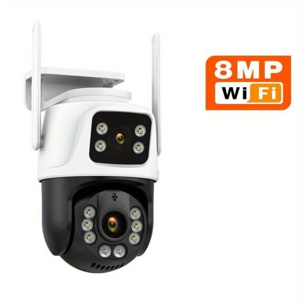 1697002936319-34cd48a3e82f462ab5648dd86050486d-goods.jpg 1Pc 8MP 4K WiFi Security Camera, 2 Lens 4MP Total 8MP 2.4ghz Wireless IP Camera, Video Surveillance For Home Security CCTV Monitor, AI Human Tracking, Color Night Vision, Two Way Audio, Motion Alert, Pan Tilt Rotation Onvif Function, Prevent Rainwater Dam