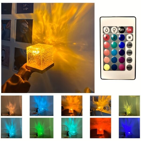 1 Pack USB Square Night Light Cube Decorative Night Lamp Square Crystal Table Lamp, Rotating Water Ripple Small Night Light Creative Bedside Lamp, Flame Atmosphere Lamp Dynamic Table Lamp 5W 80 Lumen16 Colors Diamond Desk Lamps For Bedroom RGB Remote Rota