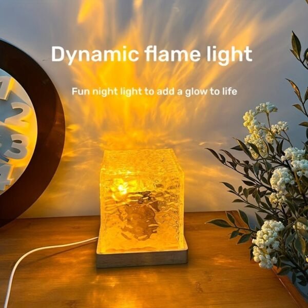 1 Pack USB Square Night Light Cube Decorative Night Lamp Square Crystal Table Lamp, Rotating Water Ripple Small Night Light Creative Bedside Lamp, Flame Atmosphere Lamp Dynamic Table Lamp 5W 80 Lumen16 Colors Diamond Desk Lamps For Bedroom RGB Remote Rota