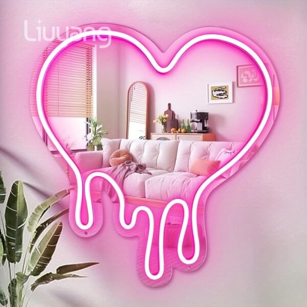 1pc Pink Heart Mirror Neon Signs For Wall Decor, Neon Mirror Lights For Women Girls Room Decor, USB Powered Led Signs For Preppy Room Decor, Pink Party Decor
