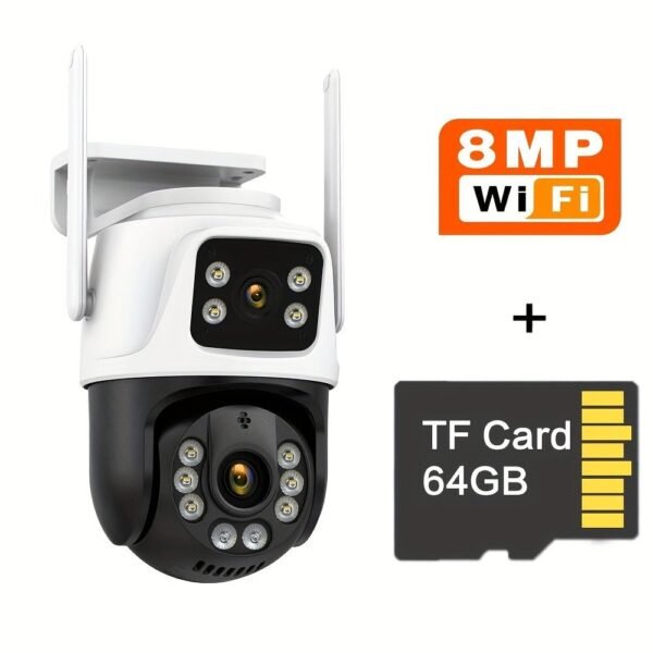 2f7940c6deba577d88875fcaf2346287.jpg 1Pc 8MP 4K WiFi Security Camera, 2 Lens 4MP Total 8MP 2.4ghz Wireless IP Camera, Video Surveillance For Home Security CCTV Monitor, AI Human Tracking, Color Night Vision, Two Way Audio, Motion Alert, Pan Tilt Rotation Onvif Function, Prevent Rainwater Dam