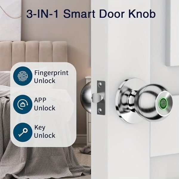 Smart Door Knob, Fingerprint Door Lock, Smart Lock Biometric Door Lock Fingerprint Door Knob With Tuya App Control, Suitable For Bedroom, Cloakroom, Apartments Offices, Hotels (Battery Included)