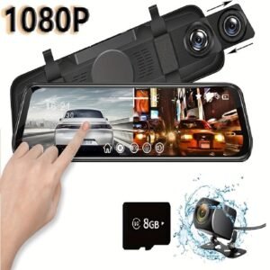 Car Rearview Mirror Camera, 9.66" Dual 1080P IPS Full Touch Screen Waterproof Front And Rear Cameras, Parking Assist And Monitor, Night Vision, 160° Viewing Angle, Split Screen Display With 8GB Memory Card