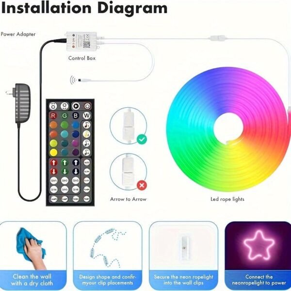 24V LED neon light 50 feet (about 1.9 meters), controlled by application/remote control, flexible LED rope light, multiple modes, outdoor RGB neon light, music synchronization game LED neon light strip suitable for bedrooms and indoor environments
