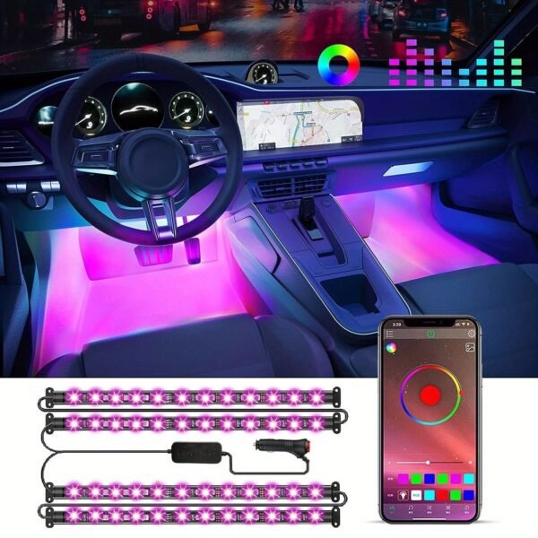4pcs Interior Car Lights, Car LED Lights, Car Accessories, Smart APP Control With Remote Control, Music Sync Color Change, RGB Inside Car Lights With DIY Mode And Music Mode, DC 12V For Home Decor Living Room, Halloween, Christmas Decor, Car Accessories,