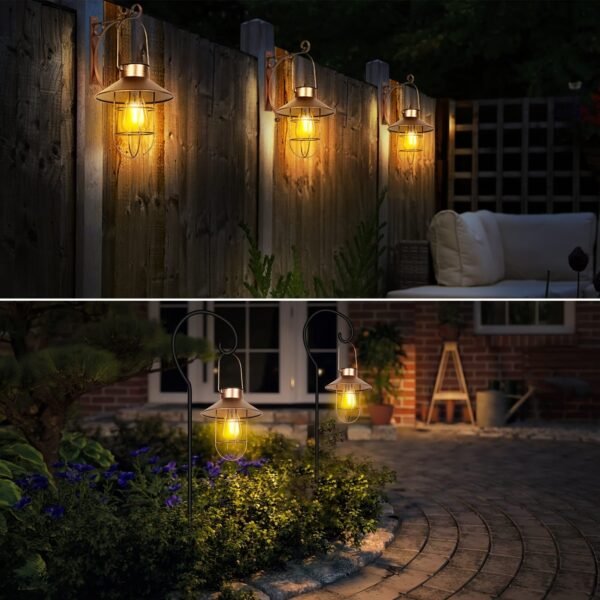 Outdoor Lanterns With Solar Power, Hanging Solar Lights Outdoors, Metal Waterproof Solar Lights With Warm White Edison Bulbs For Fence/garden/yard/porch Decoration