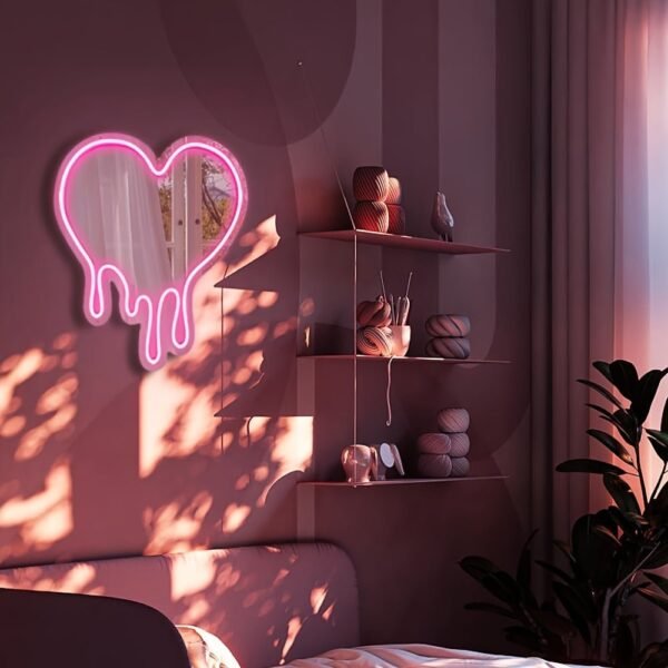 1pc Pink Heart Mirror Neon Signs For Wall Decor, Neon Mirror Lights For Women Girls Room Decor, USB Powered Led Signs For Preppy Room Decor, Pink Party Decor