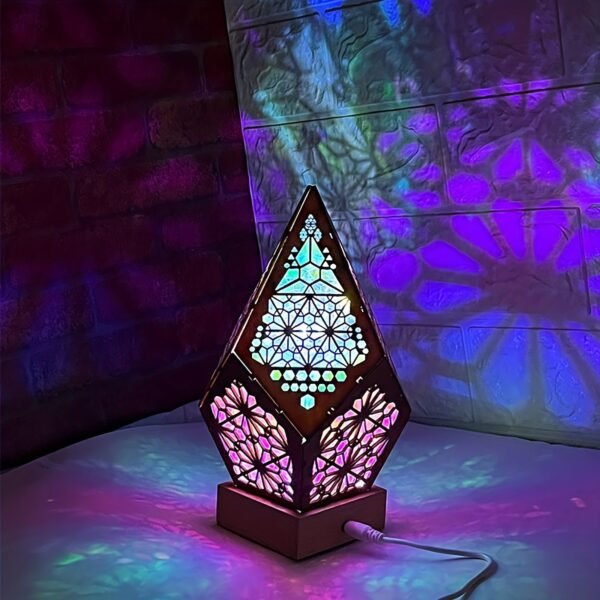 Wooden Bohemian Floor Lamp, USB Charging Hollow Geometric Colorful Lamp Retro Bohemian Light Lamp, LED Colorful Diamond Lights 3D Projection Night Lamp Desk Lamp Home Decor