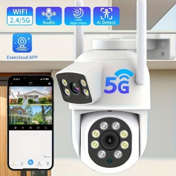 4MP(2MP+2MP) WiFi Security Camera Outdoor, Dual Lens 2.4/5ghz Wireless IP Camera Video Surveillance For Home Security CCTV Monitor,AI Human Tracking, Color Night Vision,Two Way Audio,Pan Tilt Rotation,Work For Eseecloud APP,Without TF Card