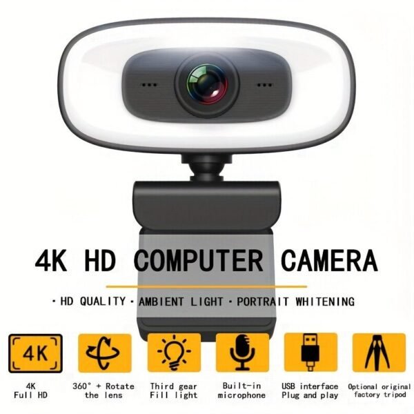 4K HD Computer Webcam, Plug And Play, No Driver Required USB Interface Webcam, Built-in Microphone, Webcast Fill Light, Voice Call Conference Camera, Work Camera, Laptop External Webcam